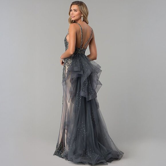 New Charcoal Nude Embellished Ruffle Back Fitted Prom Dress JVN53188 - Picture 3 of 4